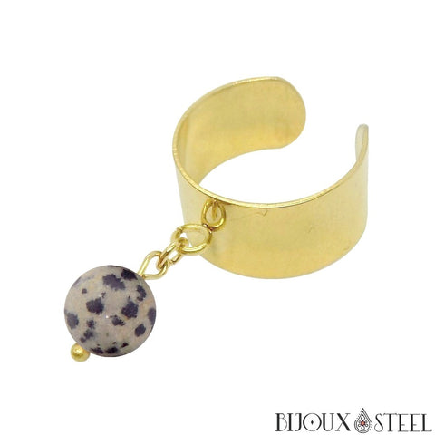 Bague large dorée réglable à perle de jaspe dalmatien 8mm en pierre naturelle