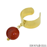 Bague large dorée réglable à pendentif perle de jaspe rouge 10mm en pierre naturelle et acier inoxydable