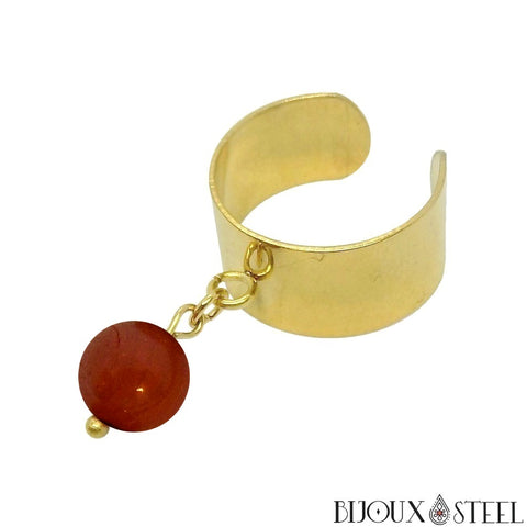 Bague large dorée ajustable à perle de jaspe rouge 8mm en acier inoxydable