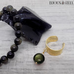 Bague anneau large dorée réglable à pendentif perle d'obsidienne dorée en acier inoxydable