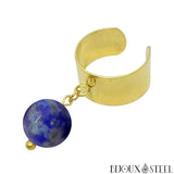 Bague large dorée ajustable à perle de lapis lazuli 10mm
