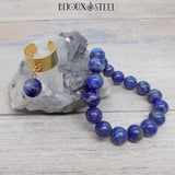 Bague large dorée réglable et son bracelet en perles de lapis lazuli 