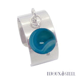 Bague large pampille argentée ajustable à perle d'agate bleue acier inoxydable et pierre naturelle