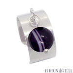 Bague large pampille argentée à perle d'agate violette teintée en acier inoxydable