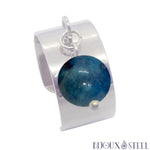 Bague large pampille argentée ajustable à perle d'apatite bleue en acier inoxydable