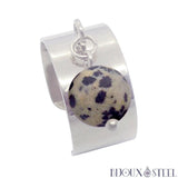 Bague large pampille argentée ajustable à perle de jaspe dalmatien en acier inoxydable et pierre naturelle