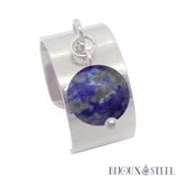 Bague large pampille argentée ajustable à perle de lapis lazuli en acier