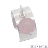 Bague large pampille argentée à perle de quartz rose 