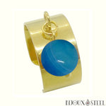 Bague large pampille dorée ajustable à perle d'agate bleue teintée acier inoxydable et pierre naturelle