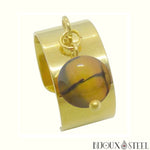 Bague large pampille dorée ajustable à pendentif perle d'agate veine de dragon jaune