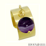 Bague large pampille argentée à pendentif agate violette en acier inoxydable et pierre naturelle teintée