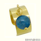 Bague large pampille dorée ajustable à perle d'apatite bleue en acier inoxydable