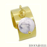 Bague large pampille dorée ajustable à perle d'howlite en acier inoxydable et pierre naturelle