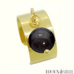 Bague large pampille dorée ajustable à perle d'obsidienne argentée en pierre naturelle