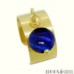 Bague large pampille dorée ajustable à perle d'oeil de tigre bleu teinté en acier inoxydable et pierre naturelle