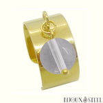 Bague large pampille dorée ajustable à perle de cristal de roche en acier inoxydable et pierre naturelle
