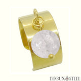 Bague large pampille dorée réglable à perle de quartz craquelé pendante