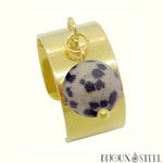 Bague large pampille dorée à perle de jaspe dalmatien en pierre naturelle et acier inoxydable