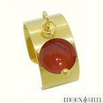 Bague large pampille dorée ajustable à perle de jaspe rouge en acier