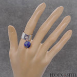 Bague large argentée ajustable à pendentif perles de lapis lazuli en acier chirurgical