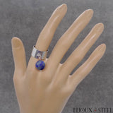 Bague large argentée ajustable à pendentif perles de lapis lazuli en acier chirurgical