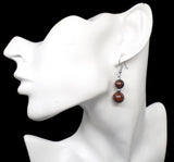 Boucle d'oreille pendante argentée deux perles d'obsidienne acajou en acier inoxydable