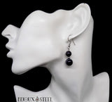 Boucle d'oreille pendante argentée deux perles d'agate noire à rayures en pierre naturelle et acier inoxydable