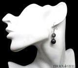 Boucle d'oreille pendante argentée deux perles d'obsidienne argentée en pierre naturelle et acier inoxydable