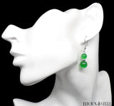 Boucles d'oreilles pendantes argentées doubles perles d'oeil de chat vert en verre et acier inoxydable