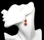 Boucle d'oreille pendante argentée deux perles de jaspe rouge en pierre naturelle