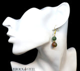 Boucle d'oreille pendante dorée deux perles d'agate indienne en pierre naturelle et acier inoxydable