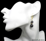 Boucle d'oreille pendante dorée deux perles d'obsidienne argentée en pierre naturelle et acier inoxydable