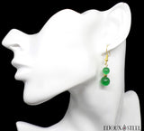 Boucles d'oreilles pendantes dorées doubles perles d'oeil de chat vert en verre et acier inoxydable