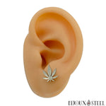 Boucles d'oreilles argentées feuilles de cannabis en acier inoxydable