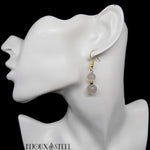 Boucles d'oreilles pendantes dorées deux perles d'agate grise en pierre naturelle et acier inoxydable
