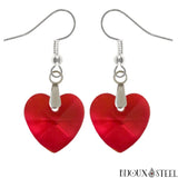 Boucles d'oreilles pendantes cœurs en verre rouges et crochet en acier 