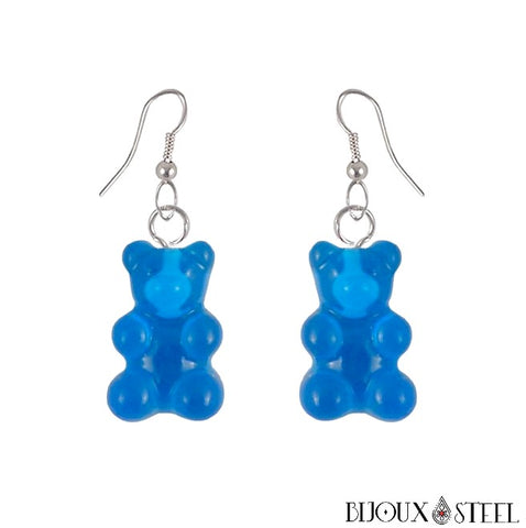Boucles d'oreilles pendantes à oursons bleus translucides en acrylique