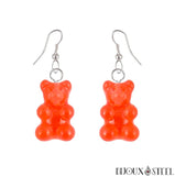 Boucles d'oreilles pendantes à oursons rouges orangés translucides en acrylique