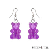Boucles d'oreilles pendantes à oursons violets translucides en acrylique
