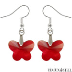 Boucles d'oreilles pendantes à papillons rouges en verre et crochets en acier