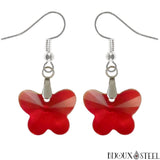 Boucles d'oreilles pendantes à papillons rouges en verre et crochets en acier