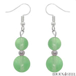 Boucles d'oreilles pendantes argentées doubles perles de fluorine verte en pierre naturelle et acier inoxydable