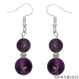 Boucles d'oreilles pendantes argentées double perle de fluorite violette en pierre naturelle et acier chirurgical