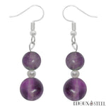 Boucles d'oreilles pendantes argentées doubles perles de fluorine violette en pierre naturelle et acier inoxydable