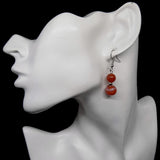 Boucles d'oreilles pendantes argentées deux perles d'agate de feu en pierre naturelle et acier chirurgical