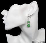 Boucles d'oreilles pendantes argentées deux perles d'aventurine verte en pierre naturelle