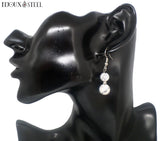 Boucles d'oreilles pendantes argentées deux perles d'howlite en pierre naturelle et acier chirurgical