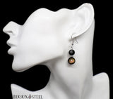 Boucles d'oreilles pendantes argentées deux perles d'obsidienne oeil céleste en pierre naturelle et acier chirurgical