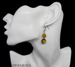 Boucles d'oreilles pendantes argentées deux perles d'agate veine de dragon jaune en pierre naturelle et acier inoxydable
