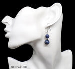 Boucles d'oreilles pendantes argentées deux perles de dumortiérite en pierre naturelle et acier chirurgical